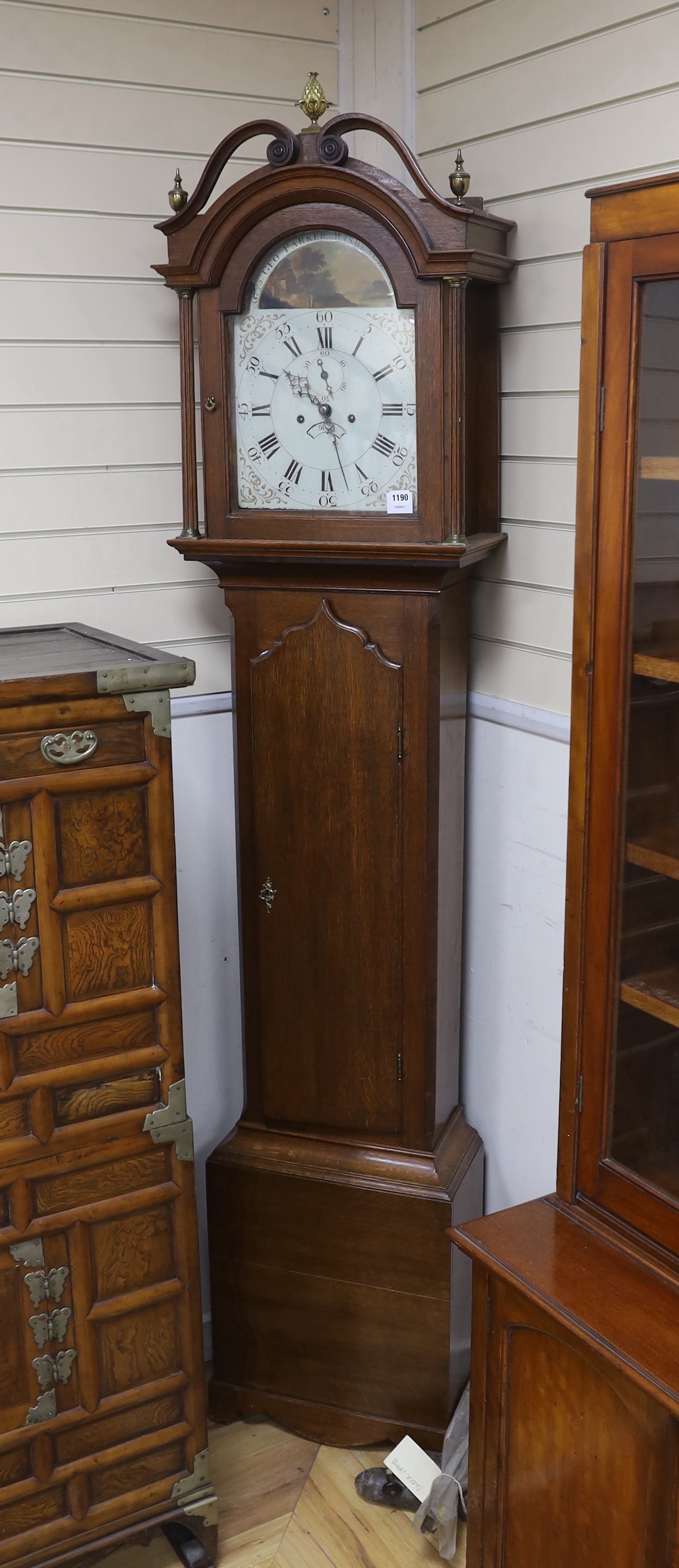 An early 19th century oak eight day longcase clock marked George Parker of Wisbeach, height 230cm
